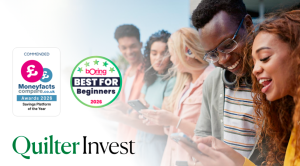 Quilter promotional banner with stock image of young multicultural people looking at their phones and talking